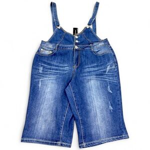 Ashley‎ Stewart Women’s Plus 14 Denim Capri Bib Overalls Blue Stretch NWT